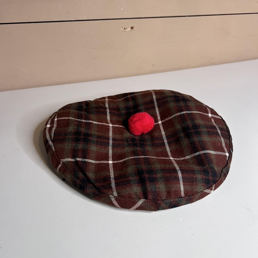 Vintage Dominion Beret Hat Mens Large Brown Plaid Flannel Red Pom‎ Canada